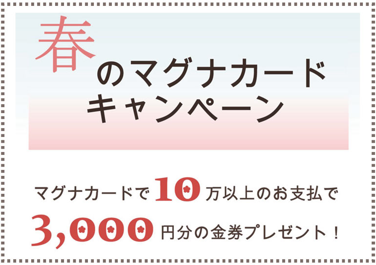春のマグナカード キャンペーン<br />マグナカードで10万円以上のお支払いで3,000円分の金券プレゼント！